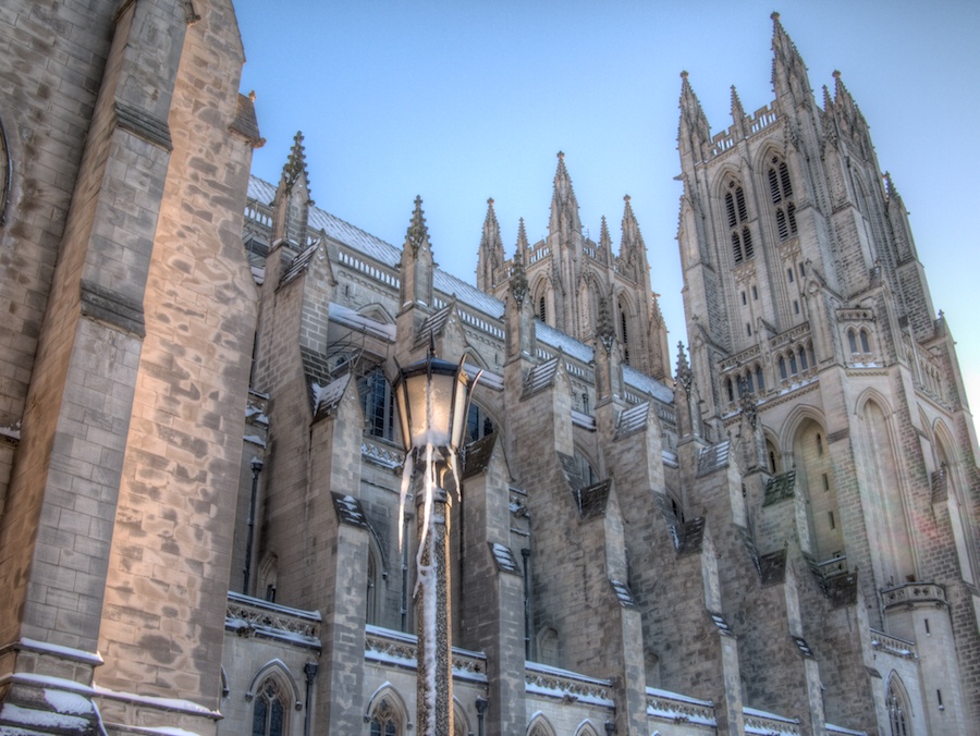 Washington National Cathedral after a snowstorm
