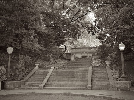 There's a guy in a T-shirt and shorts at the top of the stairs. His two little white dogs are a better match with the landscape. | Click to view larger. Staircase at Decatur & 22nd Street