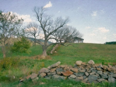 Field with stone wall and barn.