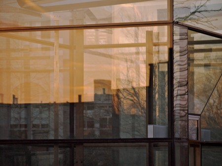 Layered reflections in glass.