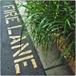 Fire Lane markings with green plants.