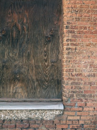 Brick wall with boarded window, River Arts District, Asheville, NC