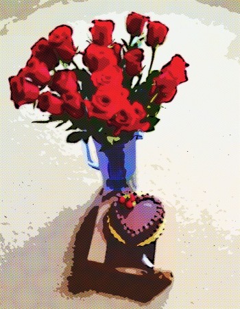 Roses and heart-shaped cake.