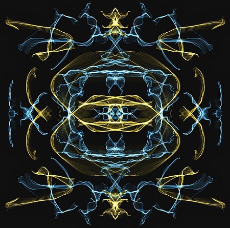 Symmetrical pattern of grey and yellow transparent wisps on black ground.
